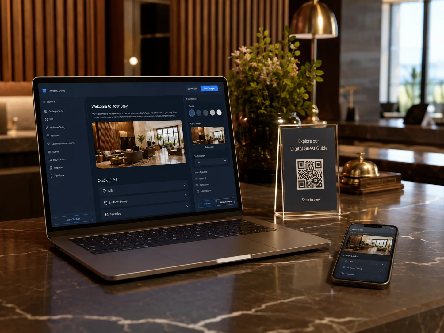 Οπτική παρουσίαση του myguideqr με laptop editor, κάρτα QR και προεπισκόπηση οδηγού σε κινητό.