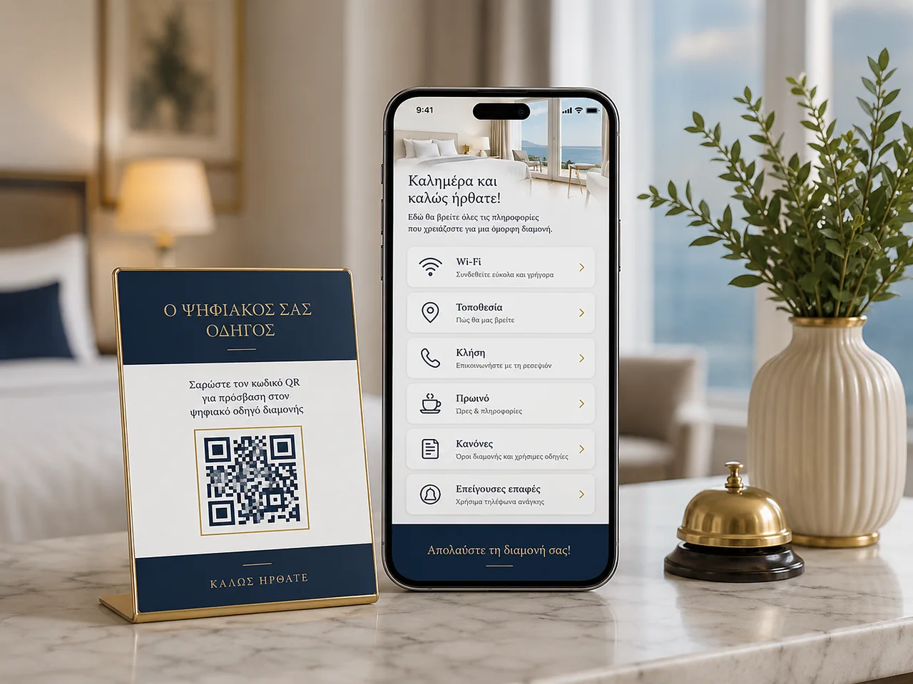 QR κάρτα και ψηφιακός οδηγός επισκέπτη myguideqr σε περιβάλλον καταλύματος.