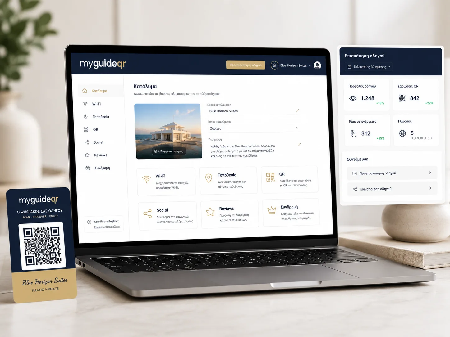 Προεπισκόπηση του myguideqr σε laptop με επεξεργασία καταλύματος, QR, Wi‑Fi, τοποθεσία, social, reviews και συνδρομή.
